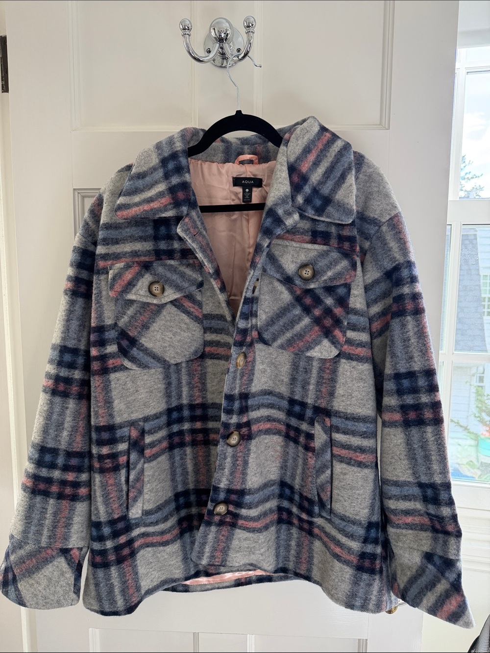 Aqua Gray Plaid Jacket with Navy and Blush Accents